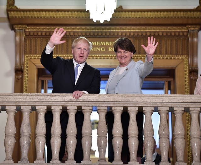Arlene Foster stands with then-contender Boris Johnson during the Conservative Party leadership context in July 2019