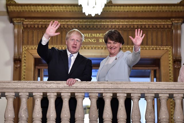 Arlene Foster stands with then-contender Boris Johnson during the Conservative Party leadership context in July 2019