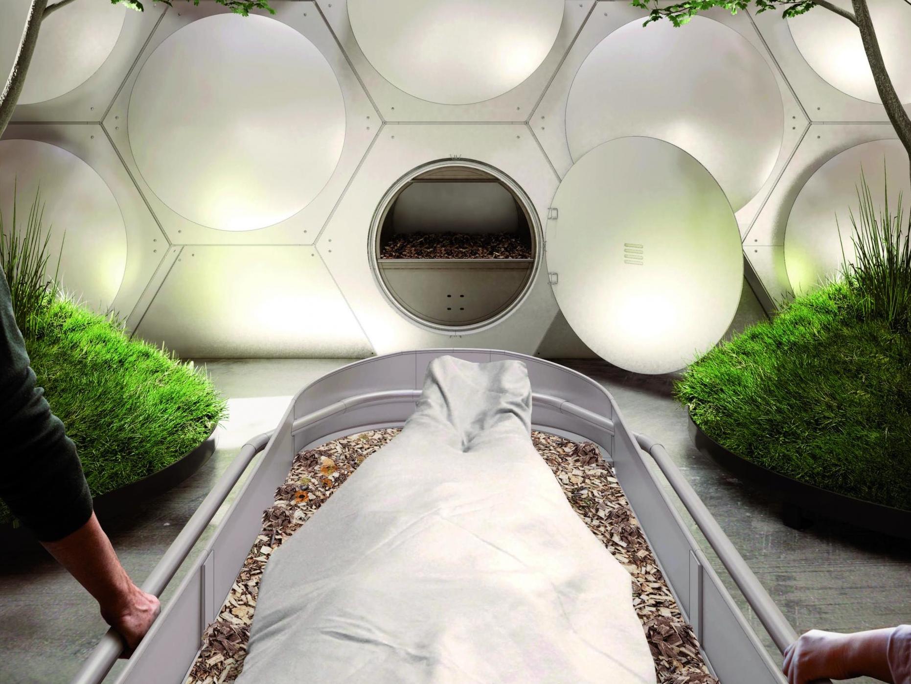 Human composting – also known as terramation – involves the deceased being placed in a specially designed container with a mixture of wood chips, straw and other organic materials, where over several weeks it becomes broken down into soil