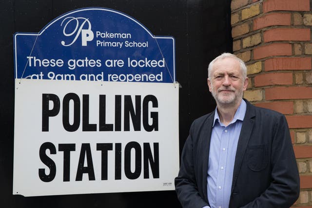 Jeremy Corbyn casts his EU referendum vote at a polling station at Pakeman Primary School in Islington