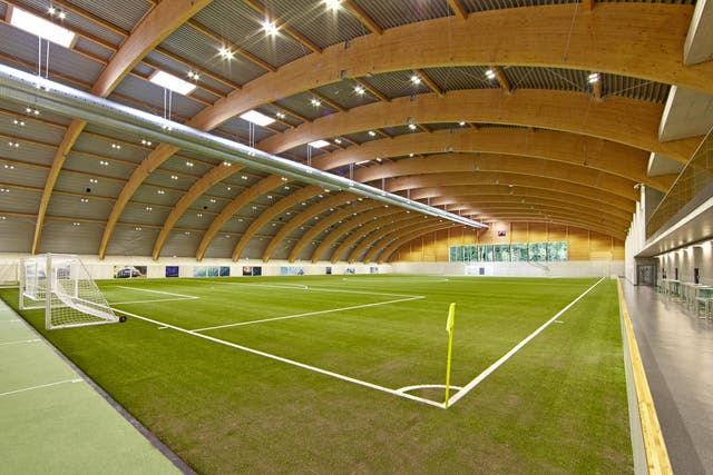 An indoor training pitch at RB Salzburg's high-tech academy