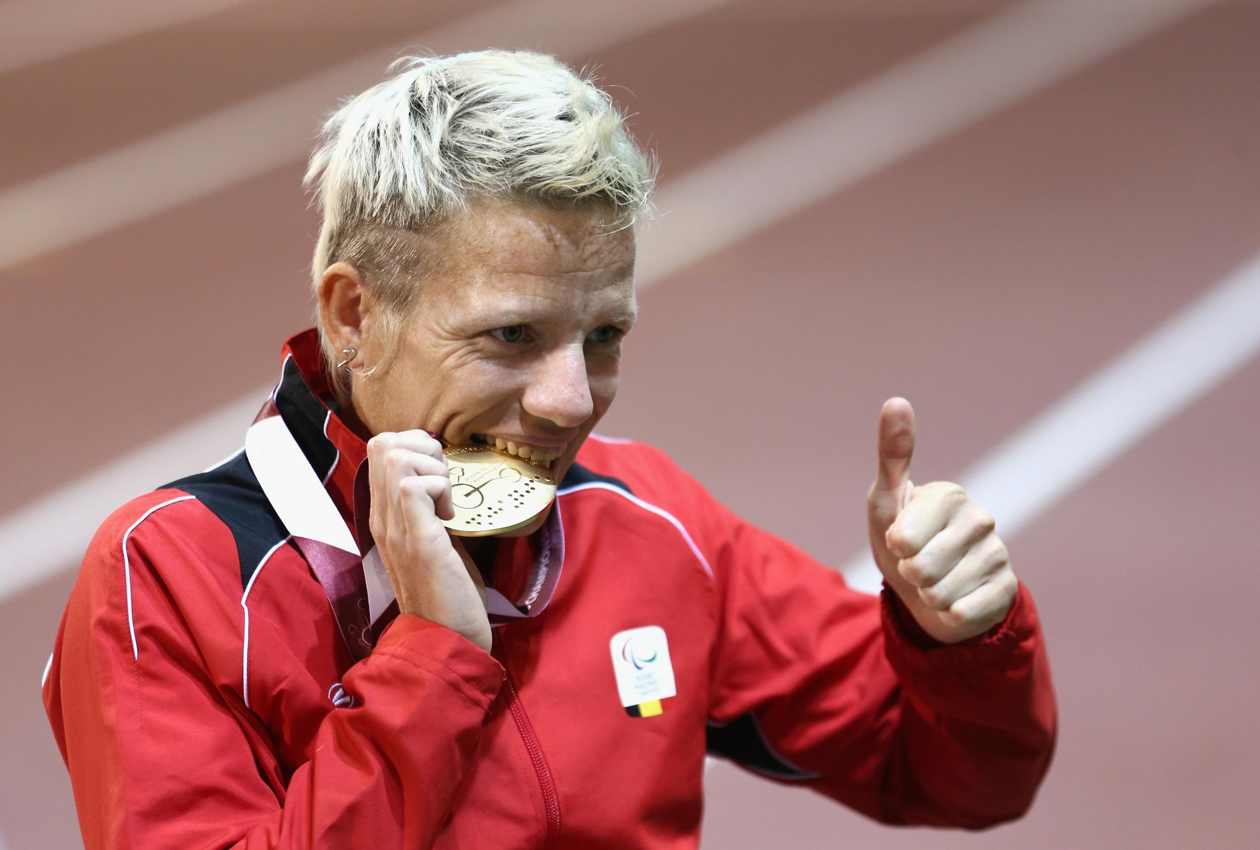 Vervoort celebrates after winning gold in the T52 100m at the IPC Athletics World Championships in Doha, Qatar, in 2015 (Getty)