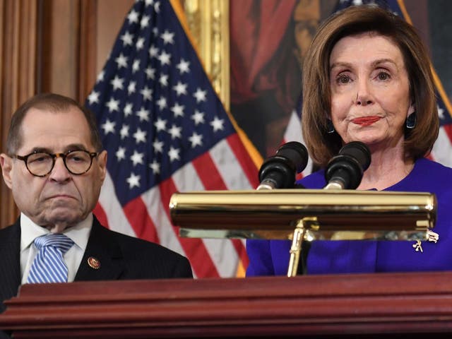 Speaker of the House Nancy Pelosi, flanked by House Judiciary chairman Jerry Nadler, announces articles of impeachment against US president Donald Trump during a press conference at the US Capitol in Washington, DC, on 10 December 2019