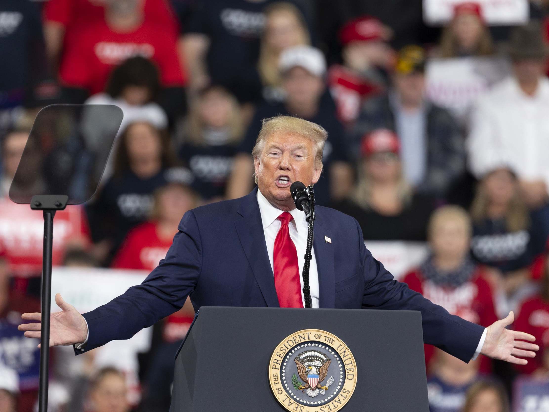 Trump impeachment news – live: President says world not laughing at US days after leaders caught laughing at him, as new poll projects him losing to 2020 contenders