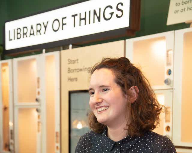 Sophia Wyatt, co-founder, in front of the Library of Things kiosk in South London