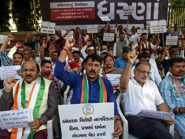 India's Gujarat Congress Chief and supporters shout slogans as they protest against the government's Citizenship Amendment Bill