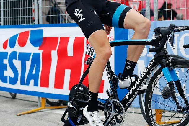 Ben Swift of Great Britain and Team SKY cools down on a turbo trainer after finishing the nineteenth stage of the 2014 Giro d'Italia, a 27km Individual Time Trial stage between Bassano del Grappa and Cima Grappa on May 30, 2014 in Bassano del Grappa, Italy
