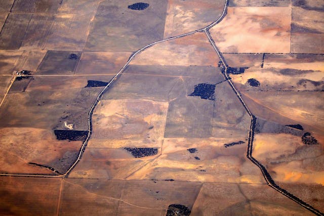 Roads can be seen intersecting drought-affected farming areas southeastern Australia