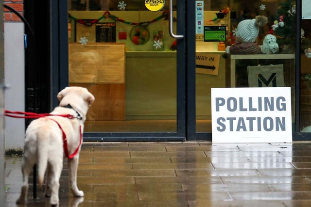 A dog waits for its owner to vote in the General Election 2019 outside a polling station in Reading