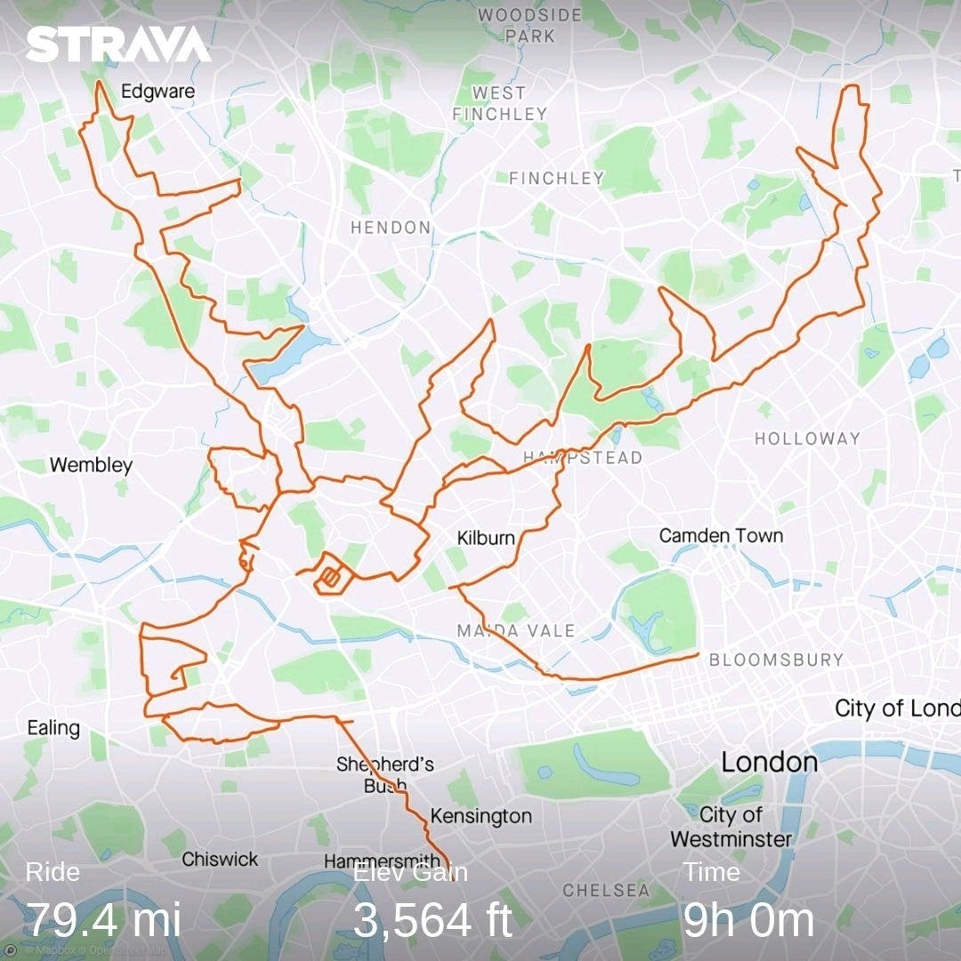 The 79.4 mile journey took the cyclist all over London