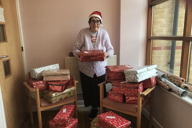 Fran Clark with her Christmas shoeboxes
