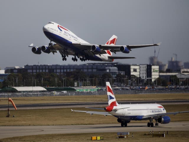 A British Airways airplane takes off from the runway at Heathrow Airport