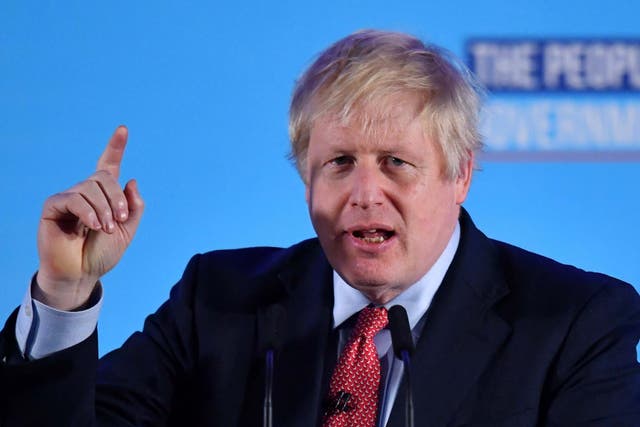 Boris Johnson speaks during a Conservative Party event following the results of the general election in London