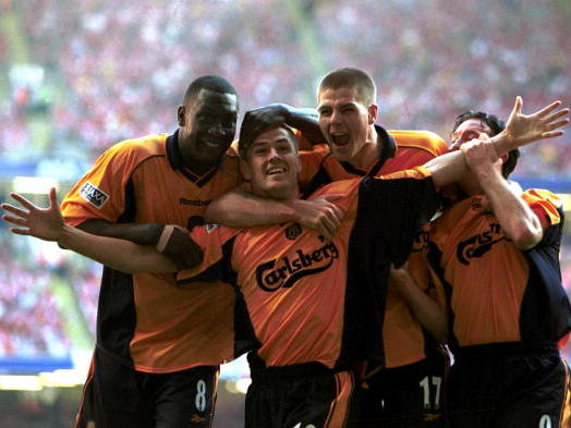 Michael Owen celebrates scoring the winner against Arsenal in the 1998 FA Cup final