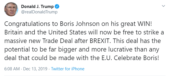 6.08am - US President Donald Trump congratulates Boris Johnson on his victory