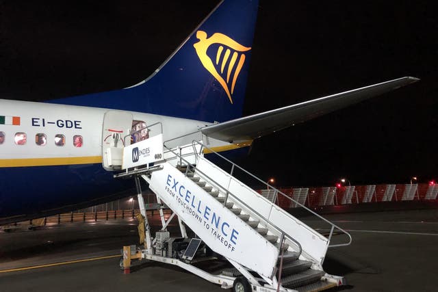 Direction of travel: a Ryanair Boeing 737 boarding at Gatwick airport