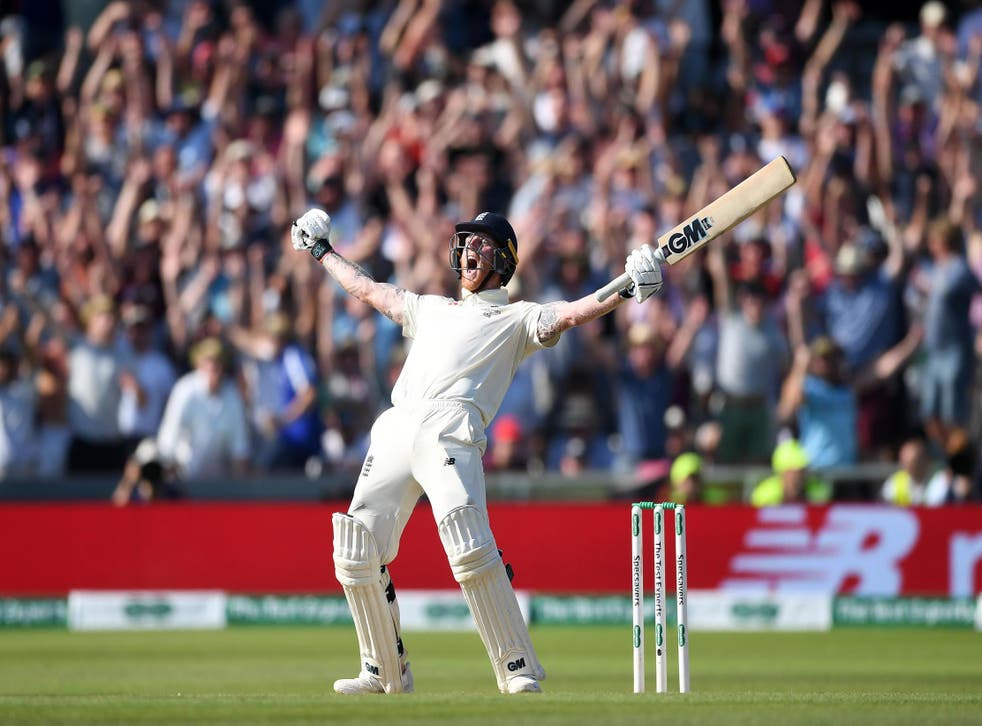 Ben Stokes celebrates hitting the winning runs to win the third Ashes Test between England and Australia