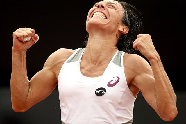 Francesca Schiavone celebrates beating Shelby Rogers at the Rio Open 2016