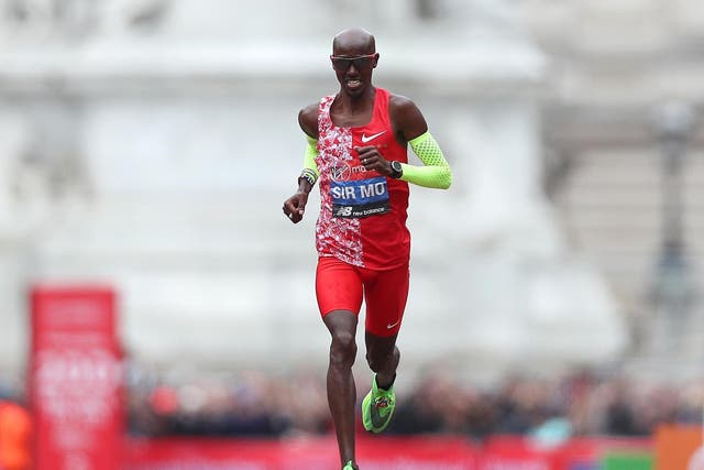Mo Farah approaches the finish line during the 2019 London Marathon