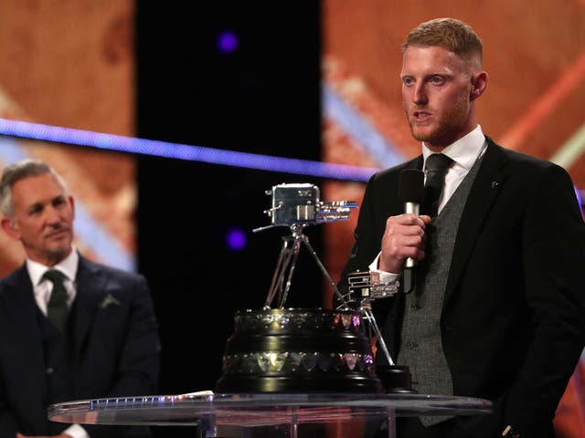 Ben Stokes makes a speech as presenter Gary Lineker looks on