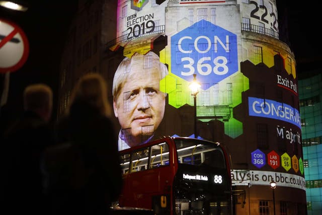 The broadcaster’s exit poll results are projected on the outside of the BBC building in London
