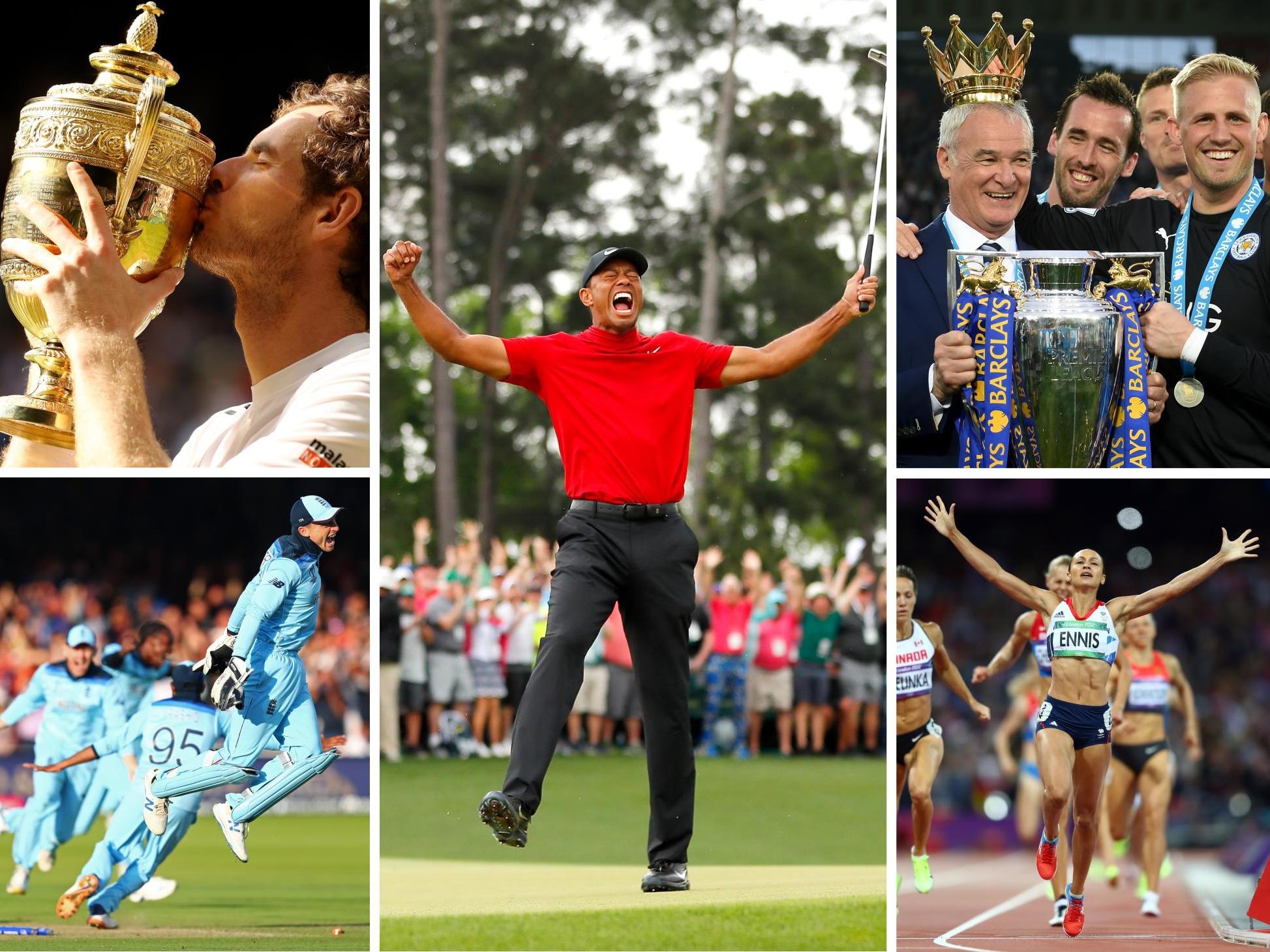 Moments of ecstacy: (clockwise from centre) Tiger Woods, Leicester City, Jess Ennis, Jos Buttler and Andy Murray