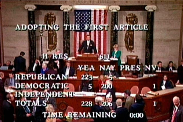 In this 19 December 1998 file image from video, speaker pro tempore Ray LaHood prepares to announce the House vote of 228-206 to approve the first article of impeachment, accusing president Bill Clinton of committing perjury before a federal grand jury in Washington