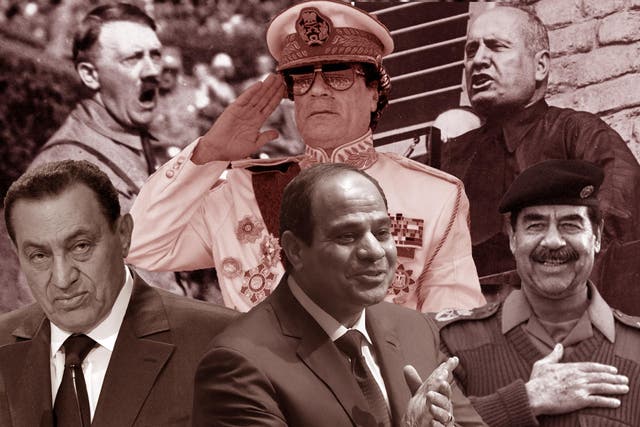 Clockwise from bottom left: Hosni Mubarak; Adolf Hitler; Colonel Gaddafi; Benito Mussolini; Saddam Hussein; and Abdel Fattah al-Sisi