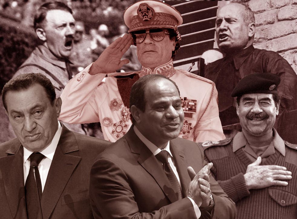 Clockwise from bottom left: Hosni Mubarak; Adolf Hitler; Colonel Gaddafi; Benito Mussolini; Saddam Hussein; and Abdel Fattah al-Sisi