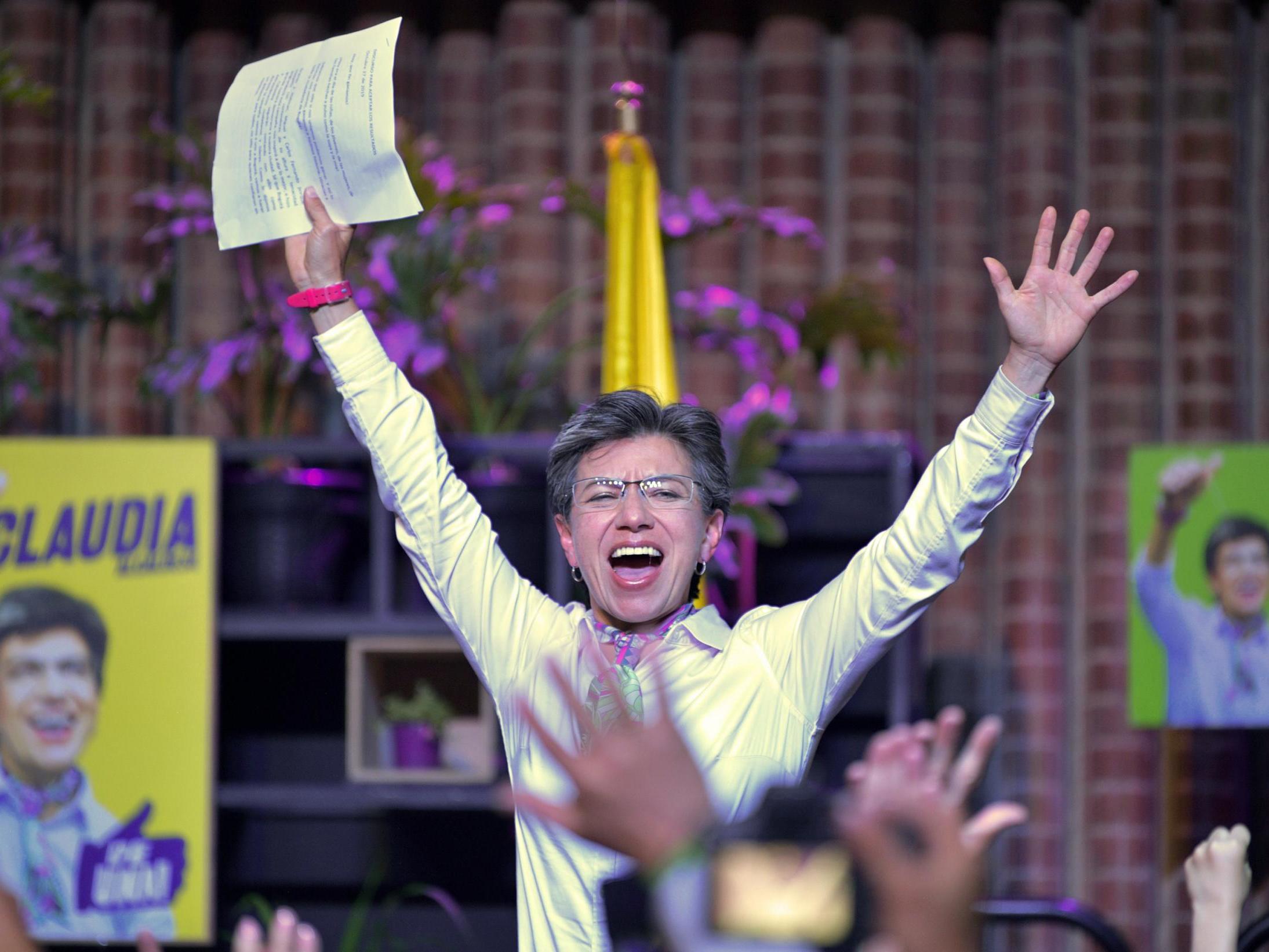 Claudia Lopez celebrates after winning during the regional elections in Bogota, Colombia, 27 October 2019