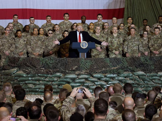 Trump speaks to the troops during a surprise Thanksgiving day visit at Bagram Air Field in Afghanistan