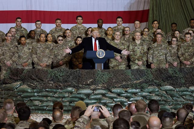 Trump speaks to the troops during a surprise Thanksgiving day visit at Bagram Air Field in Afghanistan