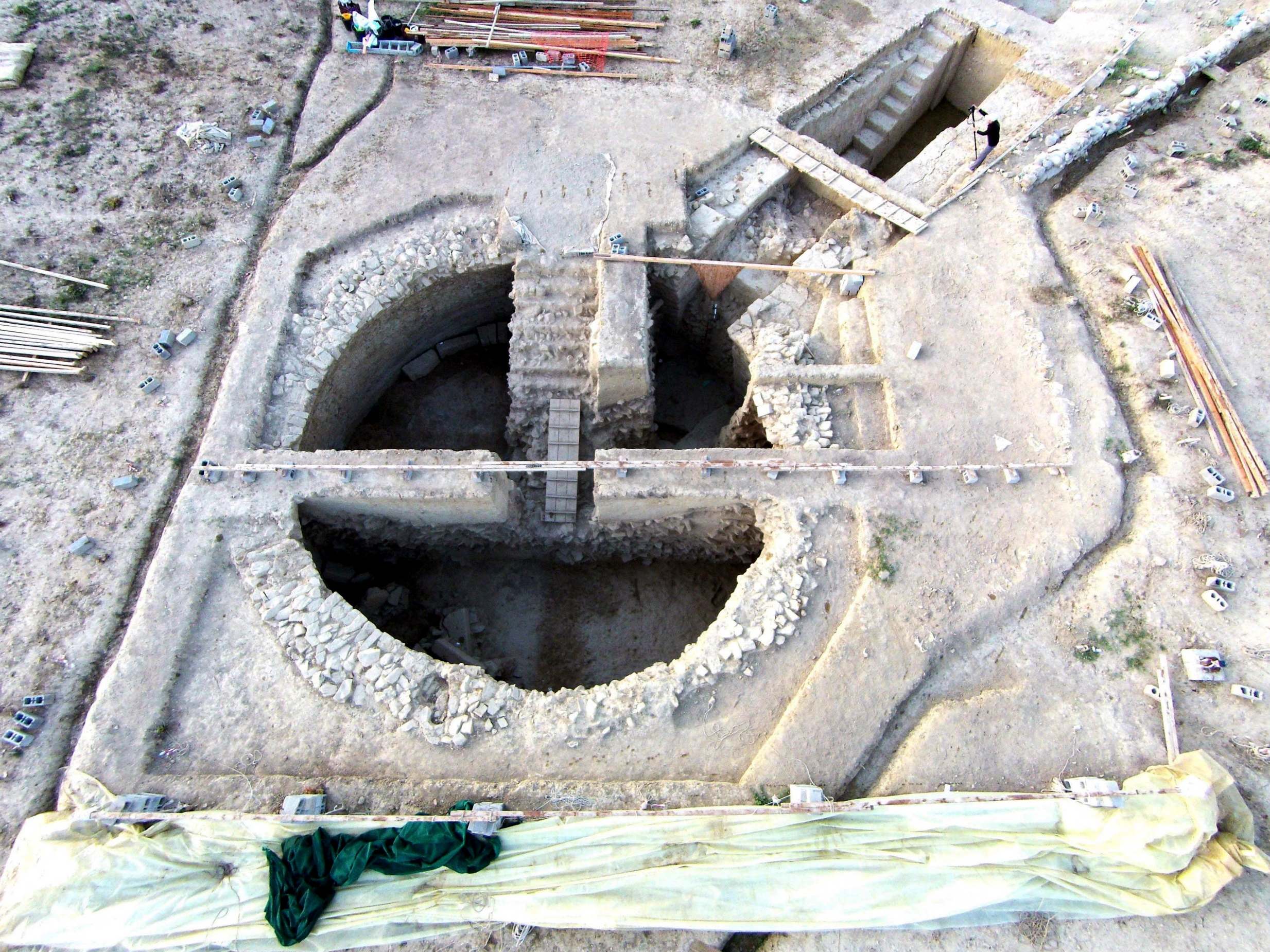An aerial view of the two tombs discovered in Pylos