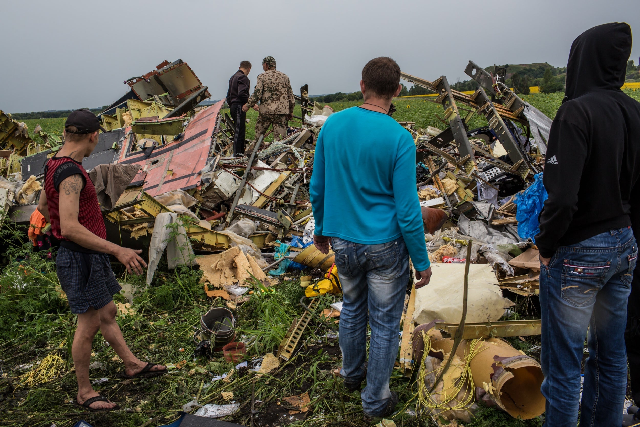 The wreckage of passenger plane MH17 said to have been shot down by warring factions in Ukraine