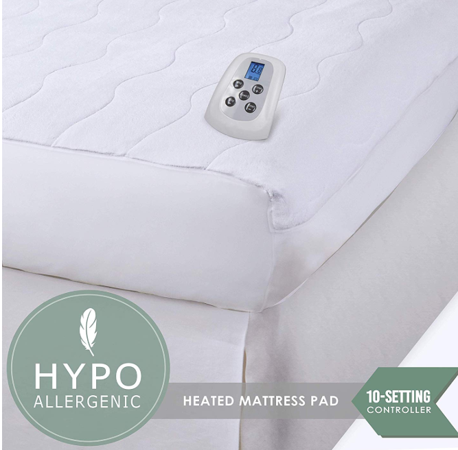 Marquess Quilted Heated Mattress Pad Dual Digital Controller with Deep Pocket,10 Heating Levels Fast Heating White, King 