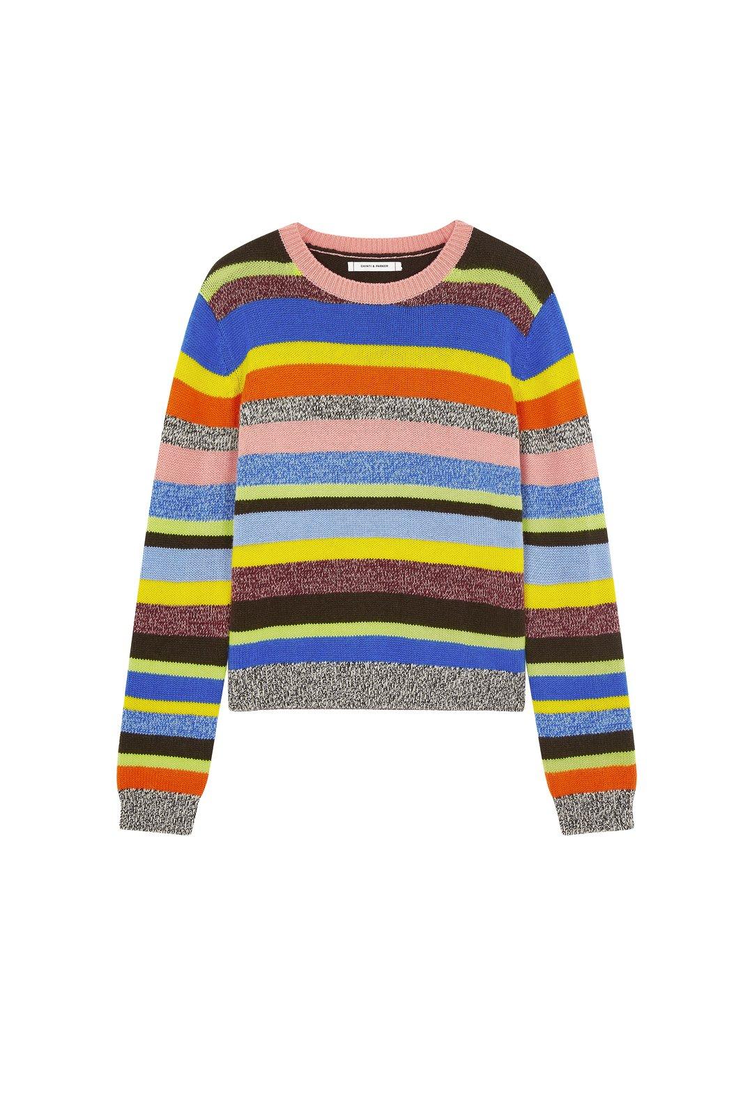 Multicoloured Anni Stripe Wool-Cashmere Sweater, £295, <a href="https://www.chintiandparker.com/collections/sweaters/products/multicoloured-anni-stripe-wool-cashmere-sweater" target="_blank" rel="nofollow" class="body-gallery" data-vars-item-name="GL-9257666-https://www.chintiandparker.com/collections/sweaters/products/multicoloured-anni-stripe-wool-cashmere-sweater" data-vars-event-id="c6">Chinti &amp; Parker</a>