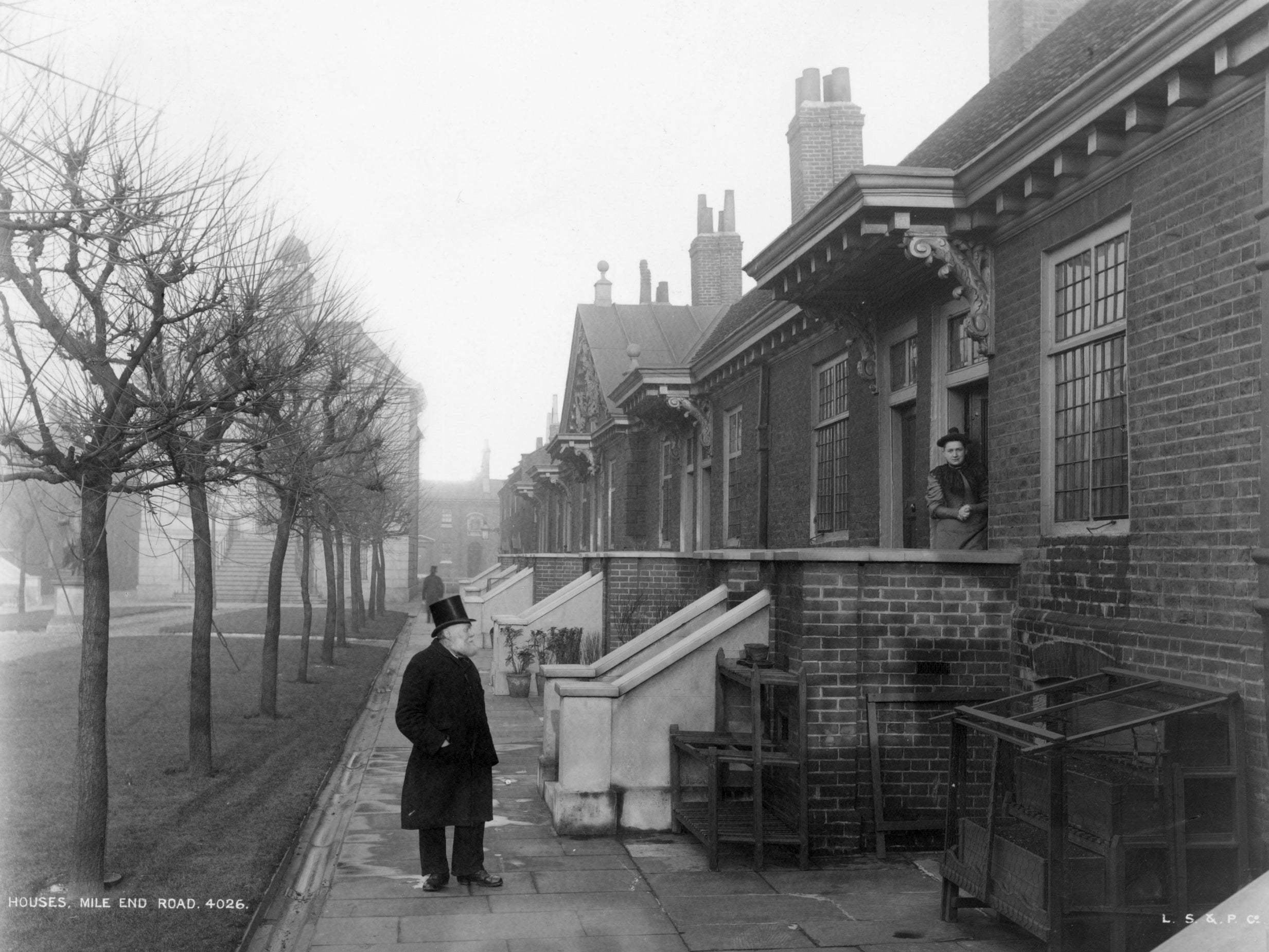 Trinity Almshouses on the Mile End Road, east London, circa 1895