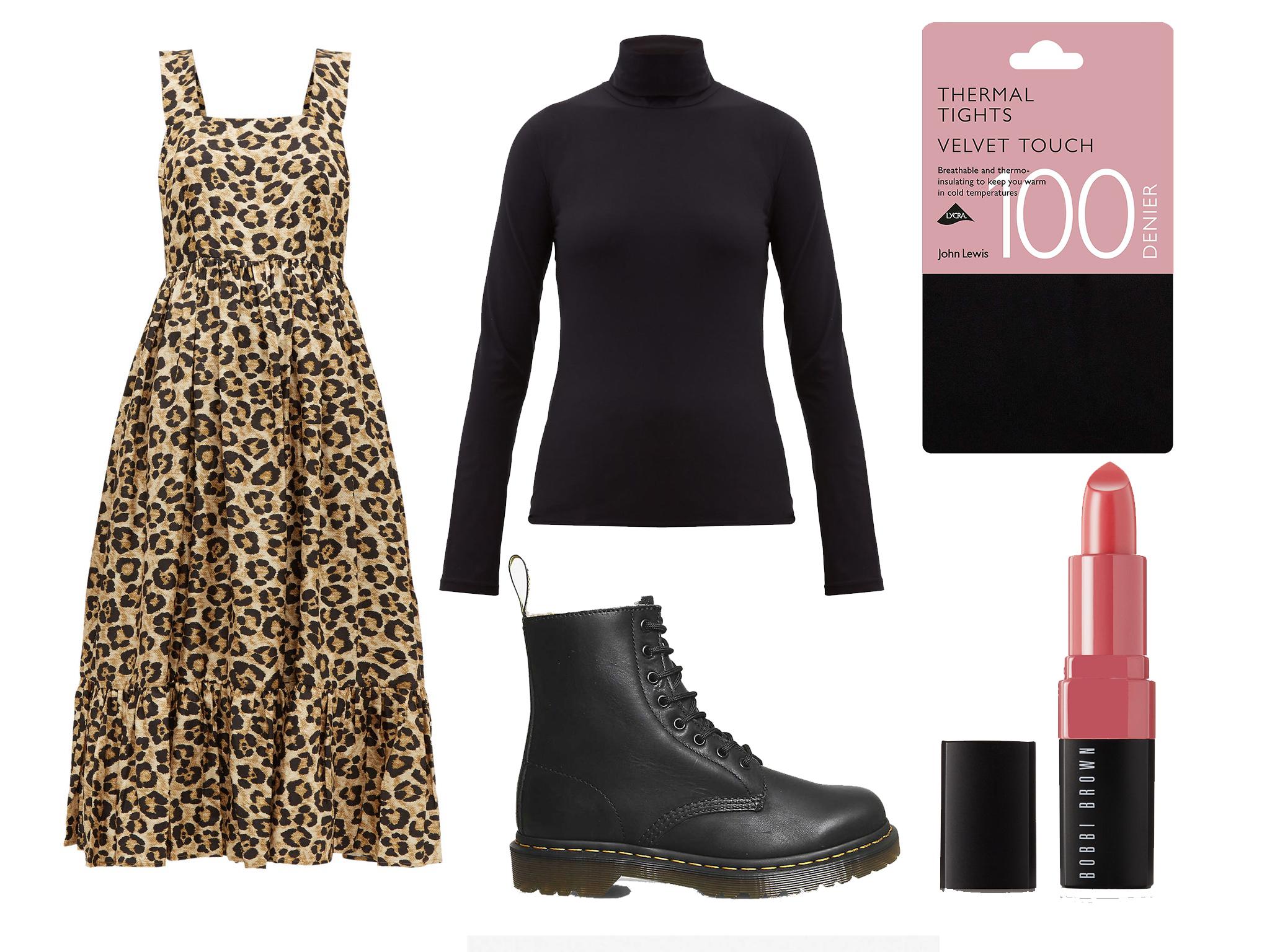 Shrimps Sylvia leopard-print silk dress: £245, Jil Sander roll-neck stretch-jersey top: £180, Dr Martens boots: £135, John Lewis tights: £10, Bobbie Brown, Cabana lipstick: £24.