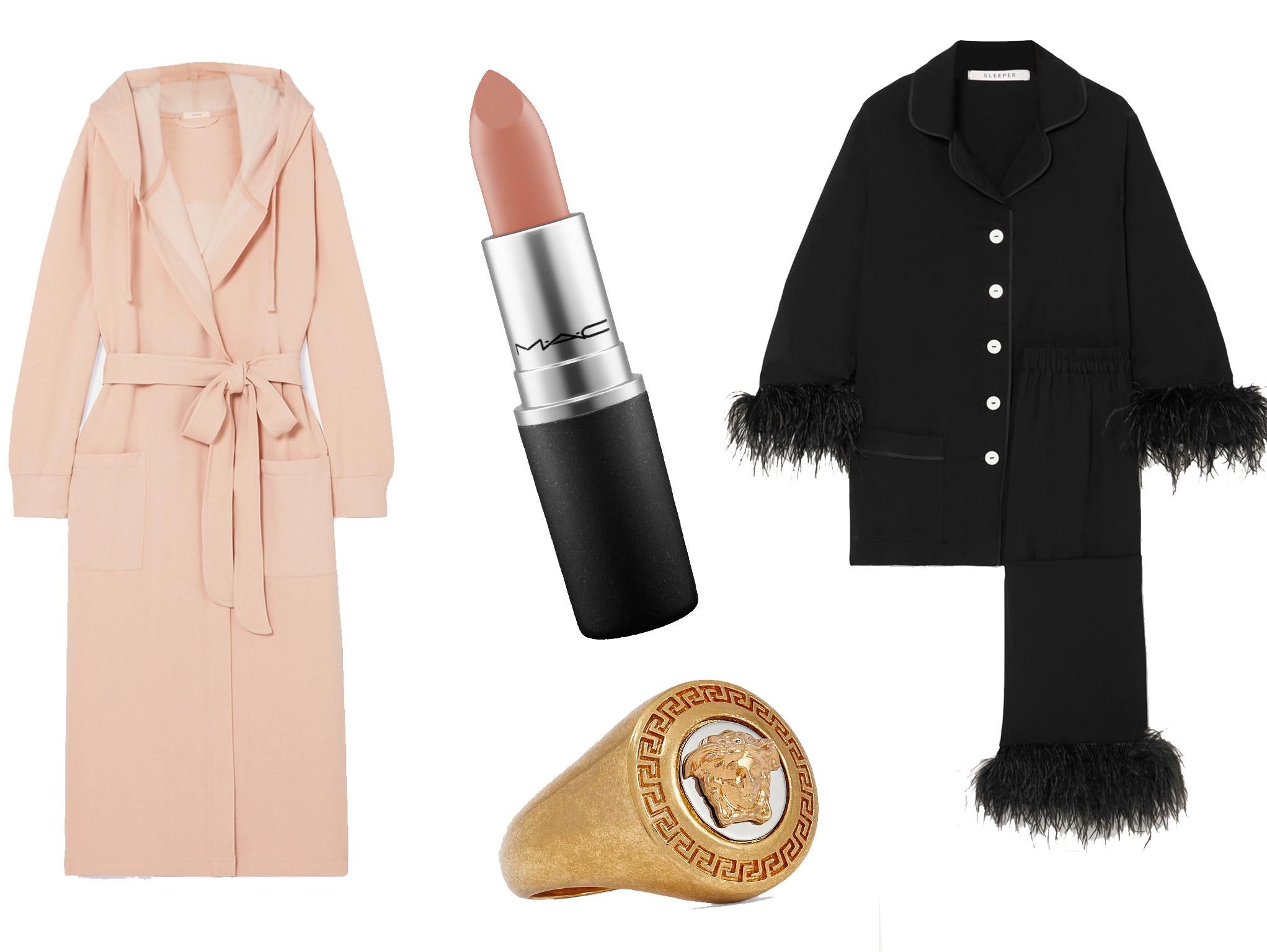 Eberjey, Larkenhooded cotton-blend robe: £185, MAC lipstick: £17.50, Versace Gold and silver-tone ring: £168, Sleeper, Black Tie feather-trimmed crepe de chine pajamaset: £245.