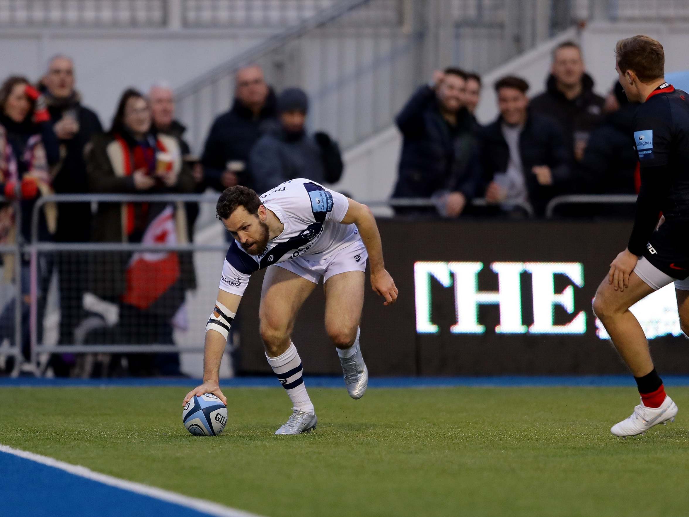 Luke Morahan scores Bristol's opening try against Saracens