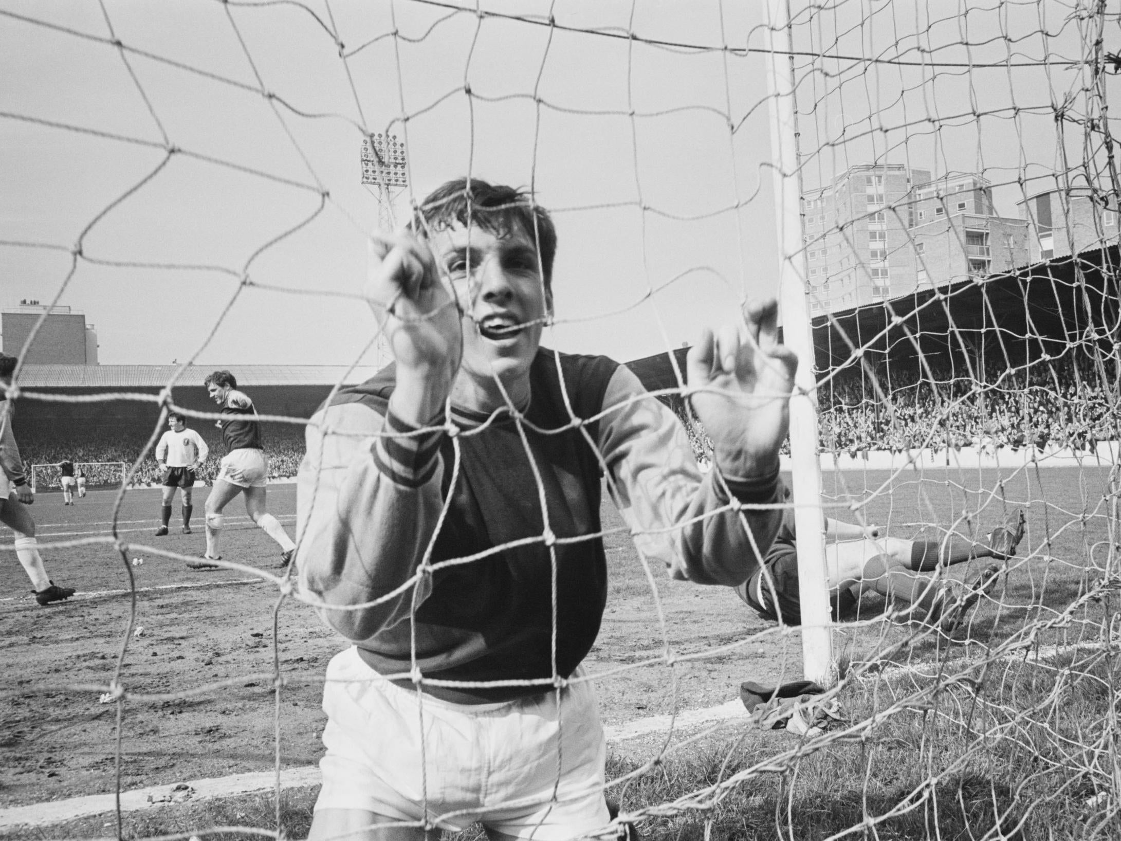 Back of the net: Peters scores for West Ham against Liverpool in 1968