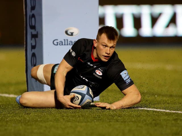 Nick Tompkins scores his second try of the match against Bristol