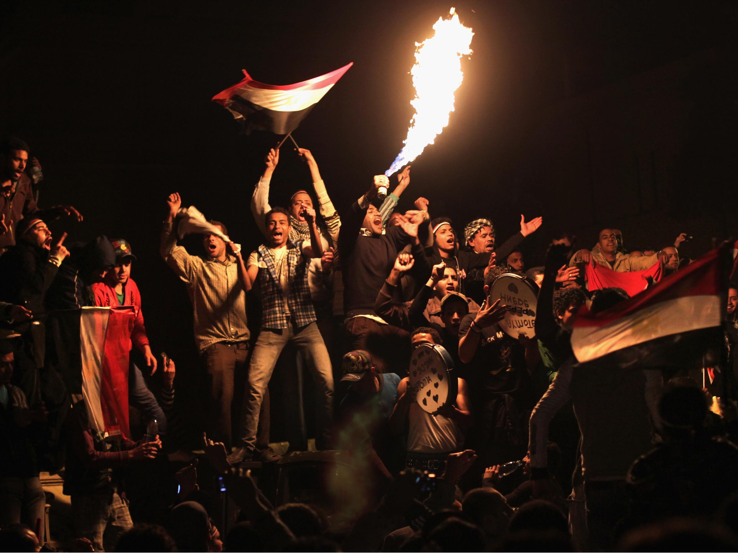 Celebrations in Tahrir Square, Cairo, after Egyptian President Hosni Mubarak resigned on 11 February 2011