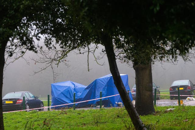 A forensic tent covers a car in Scratchwood Park off Barnet Bypass, north London, after police found a man stabbed to death inside the boot on 19 November, 2019.