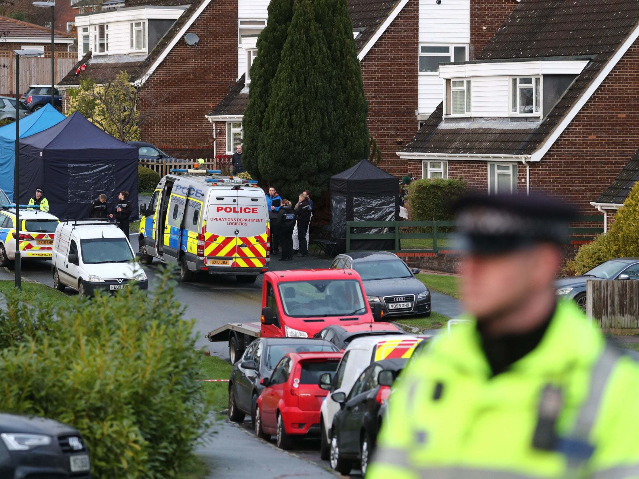 Police at a scene in Hazel Way, Crawley Down, West Sussex