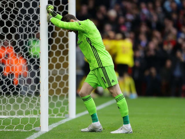 David De Gea reacts after conceding Watford's first goal in their win over Manchester United