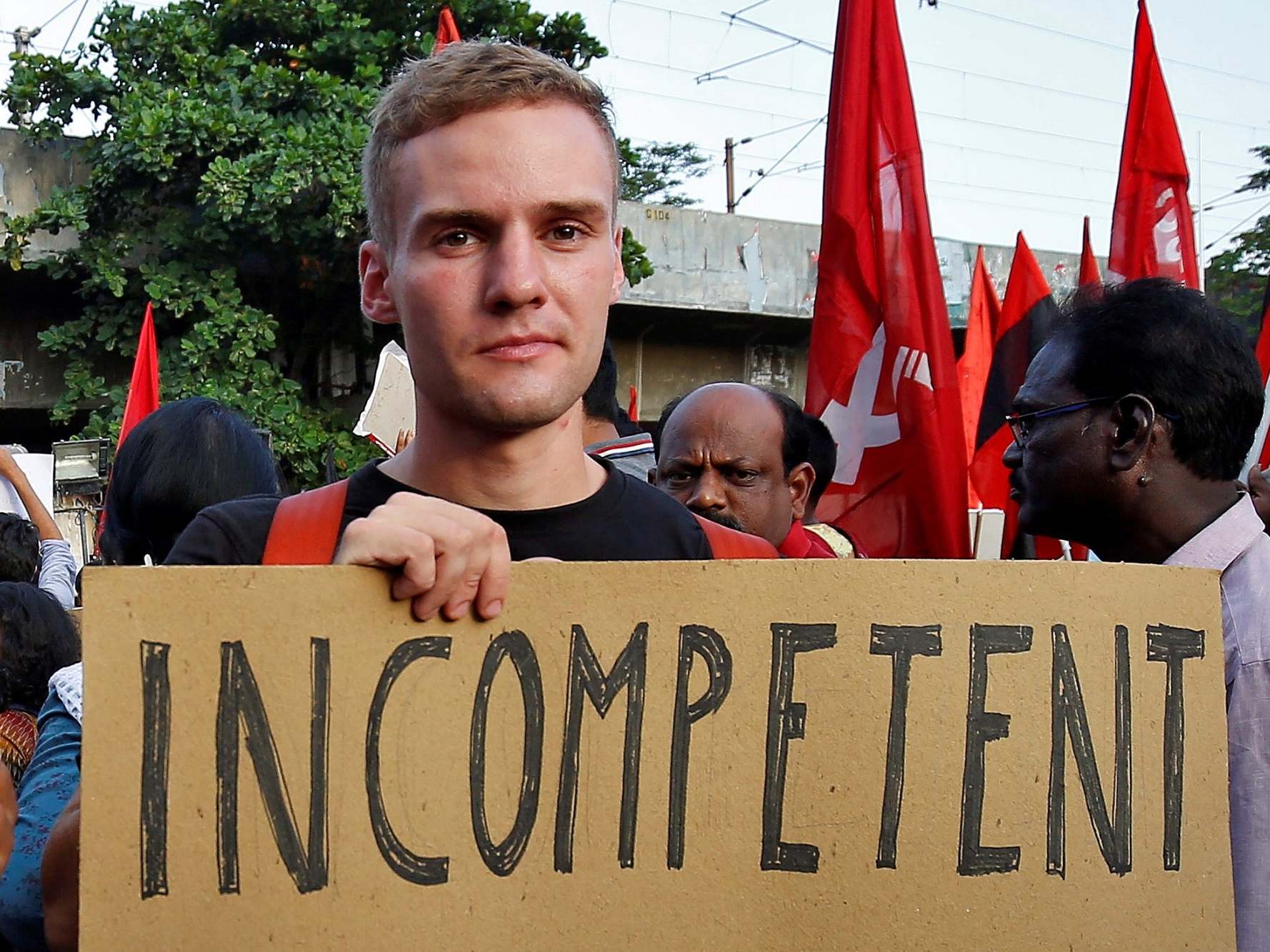 Jakob Lindenthal, a German student, attends a march to show solidarity with the students of New Delhi's Jamia Millia Islamia university after police entered the university campus following a protest against a new citizenship law, in Chennai, India, 16 December, 2019.