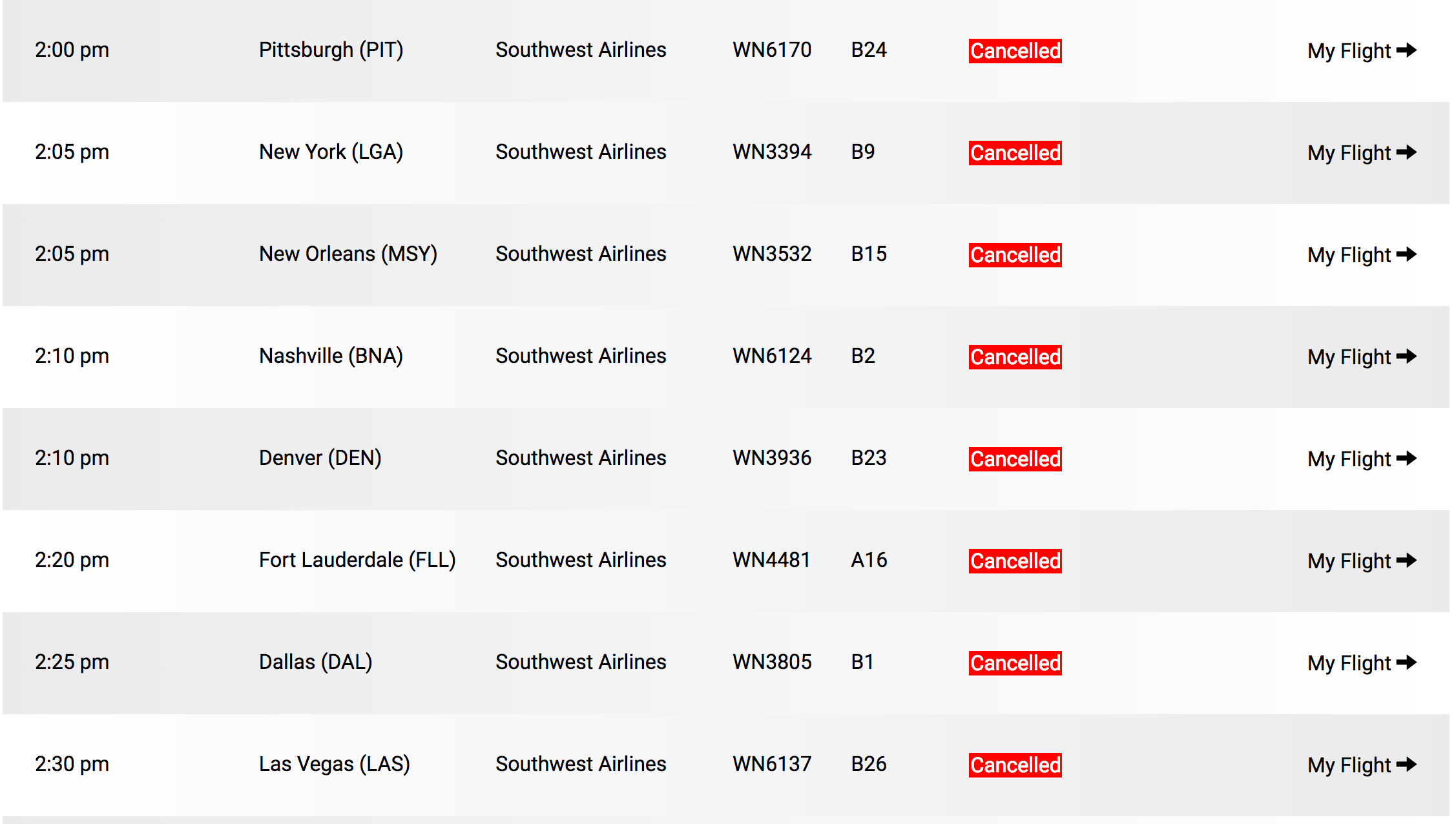 The departure board at Chicago Midway international airport