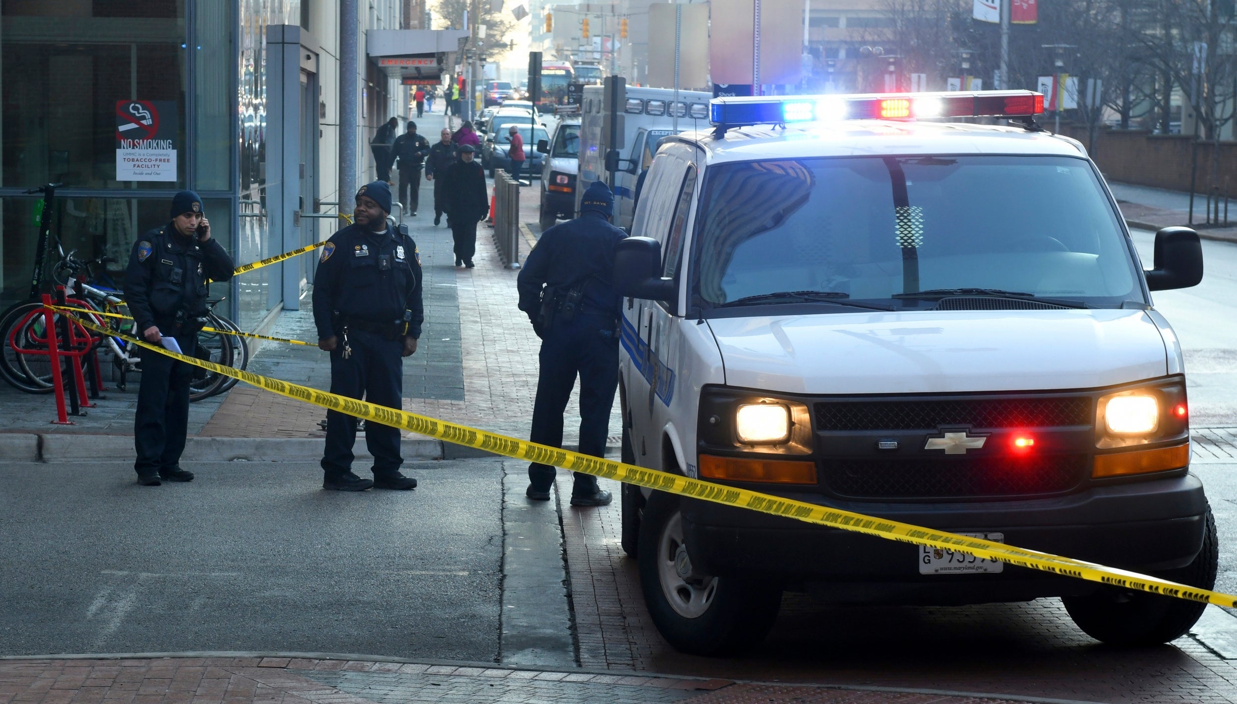 Police in Baltimore at the scene of a shooting near an ambulance bay at the University of Maryland Medical Centre in February 2019