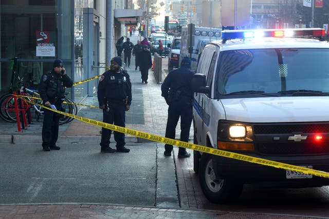 Police in Baltimore at the scene of a shooting near an ambulance bay at the University of Maryland Medical Centre in February 2019